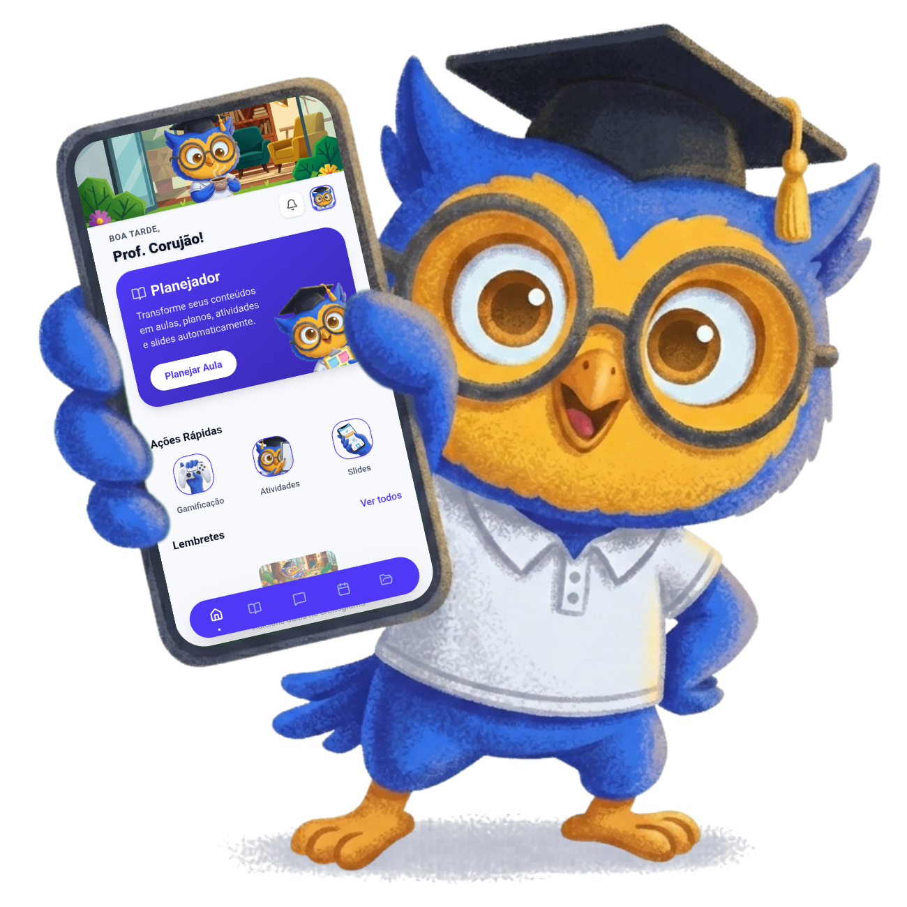 Prof. Corujão mostrando o app no celular