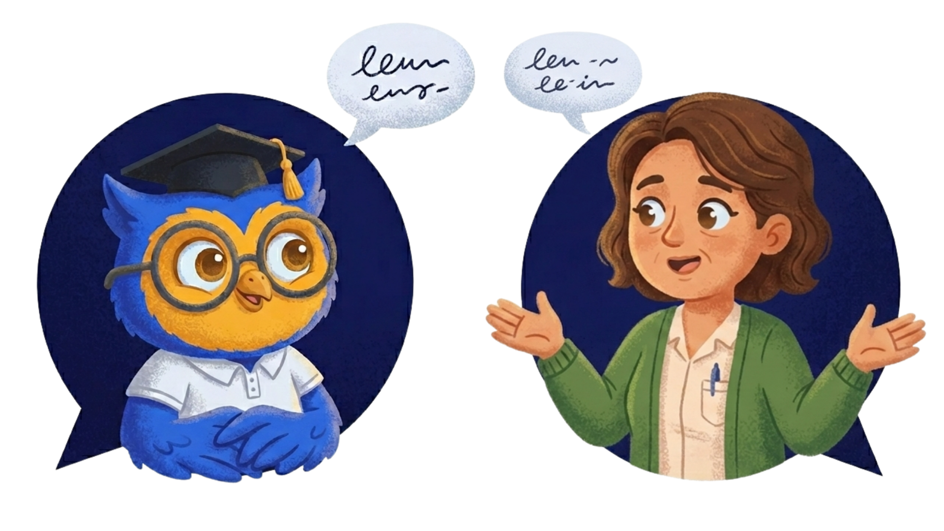 Corujão conversando com uma professora